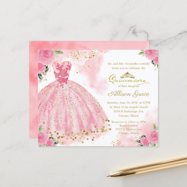 Budget Quinceanera Invitation Or Hot rose Gown (Devant/Arrière en situation)