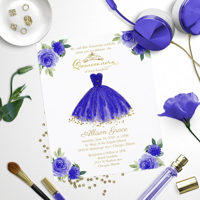 Budget Quinceanera Invitation Or Royal Blue Gown (Créateur téléchargé)