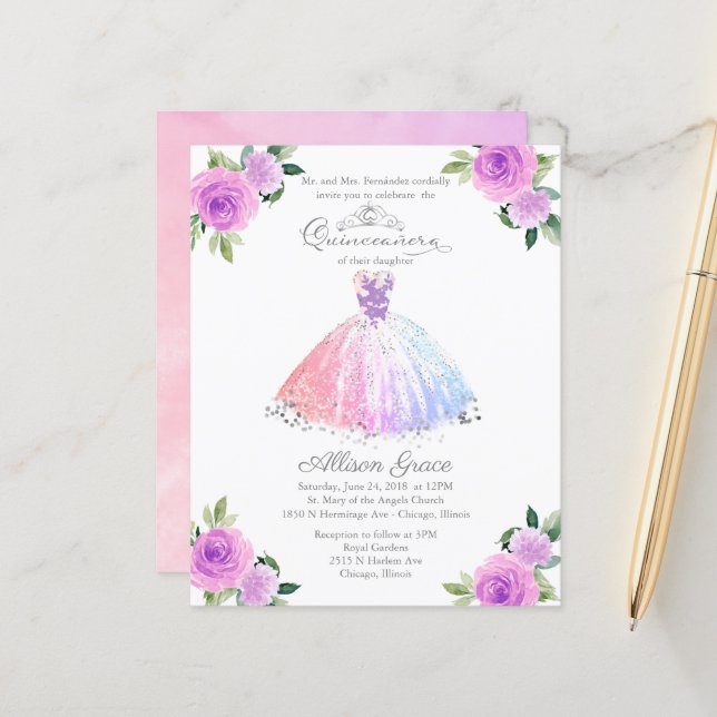 Budget Quinceanera Invitation Pastel Colours Gown (Devant/Arrière en situation)