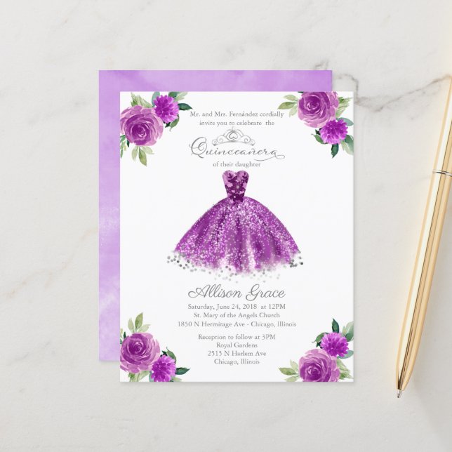 Budget Quinceanera Invitation Purple Gown (Devant/Arrière en situation)