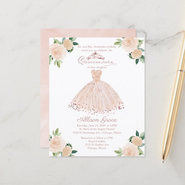 Budget Quinceanera Invitation Rose Gold Blush Gown (Devant/Arrière en situation)