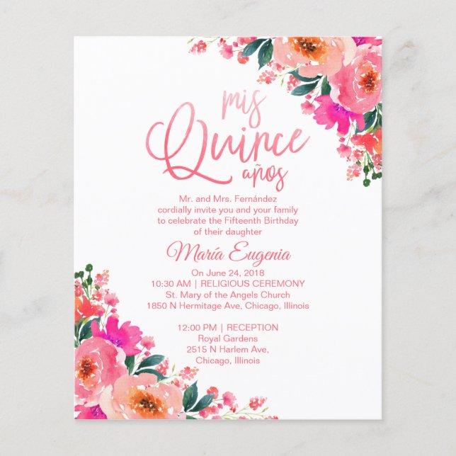 Budget Quinceanera Invitations Hot rose Floral (Devant)