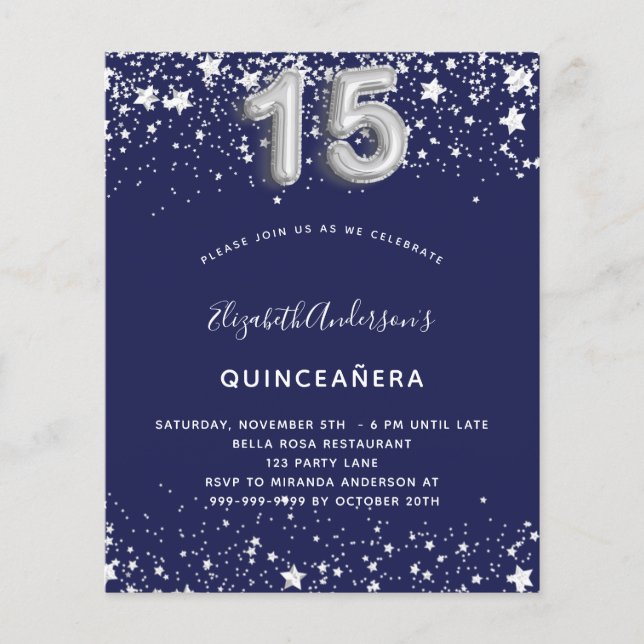 Budget Quinceanera marine bleu argent invitation (Devant)