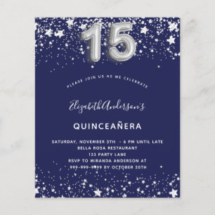 Budget Quinceanera marine bleu argent invitation