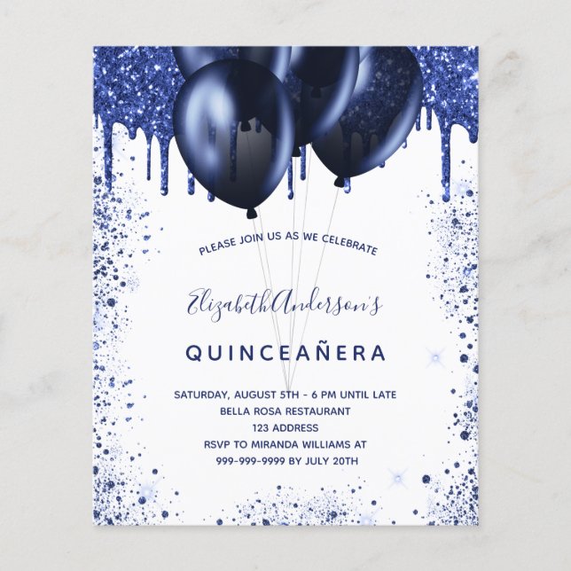 Budget Quinceanera marine bleu blanc invitation (Devant)
