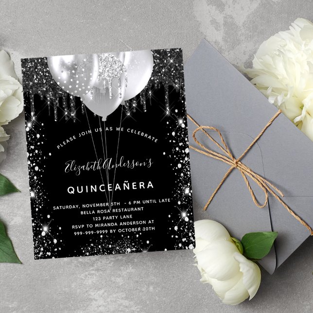 Budget Quinceanera noir argent ballons invitation (Créateur téléchargé)
