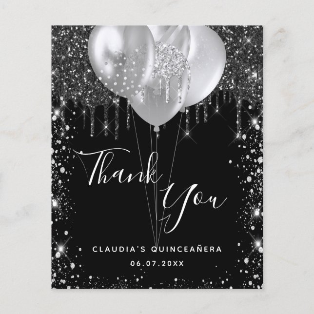 Budget Quinceanera noir argent carte de remercieme (Devant)