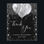 Budget Quinceanera noir argent carte de remercieme<br><div class="desc">Une carte de remerciements pour une Quinceañera, 15ème anniversaire. Une couleur arrière - plan noire chic. Avec des gouttes de parties scintillant en faux argent, la peinture goutte à goutte et les ballons. Sur l'avant, script écrit et texte : Merci, votre texte, titre et une date. Retour : Personnalisez et...</div>