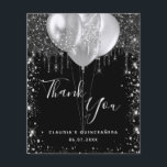 Budget Quinceanera noir argent carte de remercieme<br><div class="desc">Une carte de remerciements pour une Quinceañera, 15ème anniversaire. Une couleur arrière - plan noire chic. Avec des gouttes de parties scintillant en faux argent, la peinture goutte à goutte et les ballons. Sur l'avant, script écrit et texte : Merci, votre texte, titre et une date. Retour : Personnalisez et...</div>
