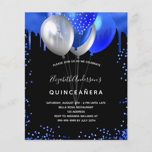 Budget Quinceanera noir royal bleu invitation (Devant)