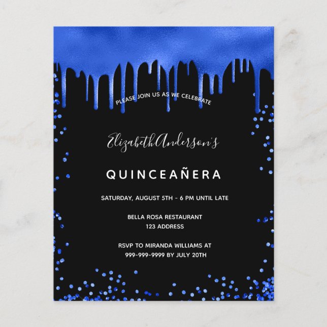 Budget Quinceanera noir royal bleu invitation (Devant)