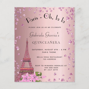 Budget Quinceanera Paris invitation rose vif