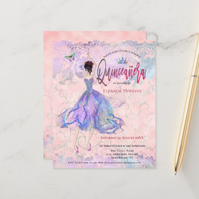 Budget Quinceanera Pink Dancing Girl Invitation (Devant/Arrière en situation)