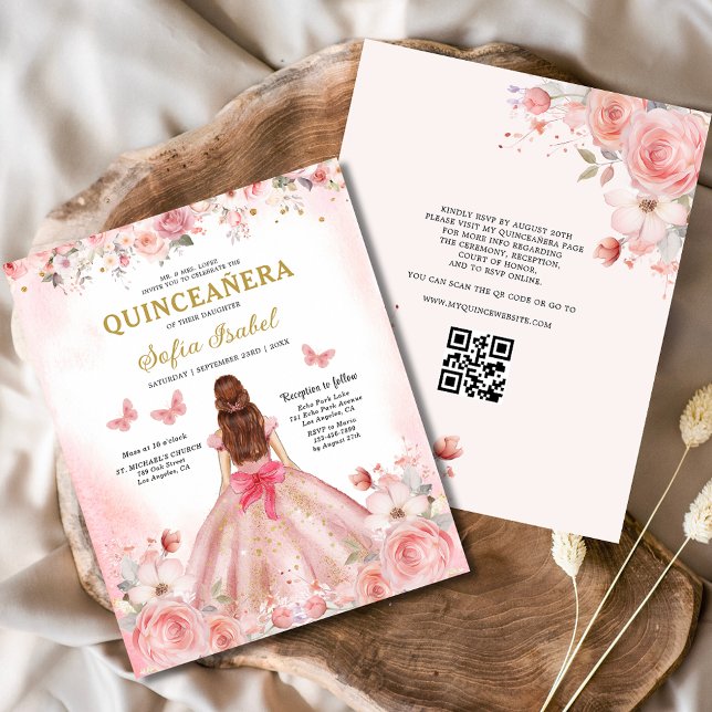 Budget Quinceañera QR Code Blush rose Floral (Créateur téléchargé)