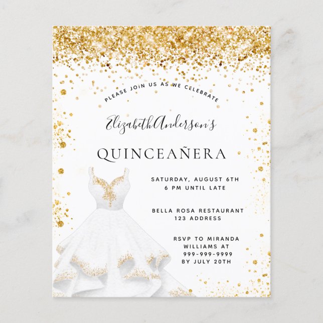 Budget Quinceanera robe or blanc or invitation (Devant)