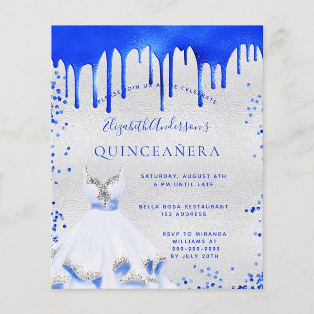 Budget Quinceanera royal bleu argent invitation (Devant)