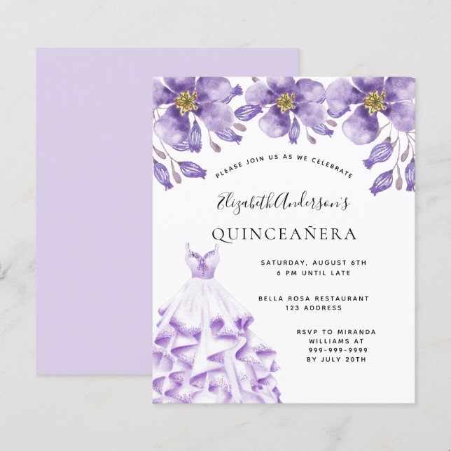 Budget Quinceanera violet robe blanche floral (Devant / Derrière)