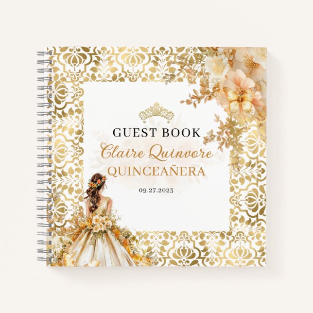 Budget Radiant Or Floral Quinceanera Livre d'or (Devant)