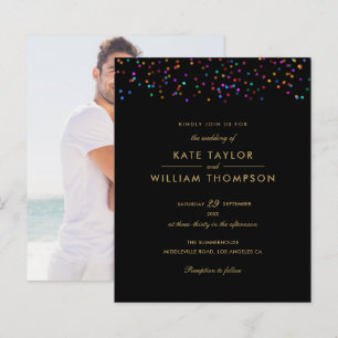 Budget Rainbow Confetti Black Photo Wedding Invita