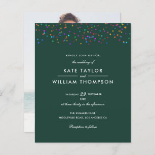 Budget Rainbow Confetti Emerald Wedding Invitation