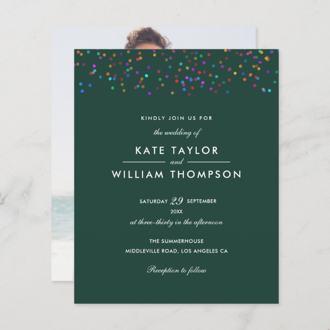 Budget Rainbow Confetti Emerald Wedding Invitation (Devant / Derrière)