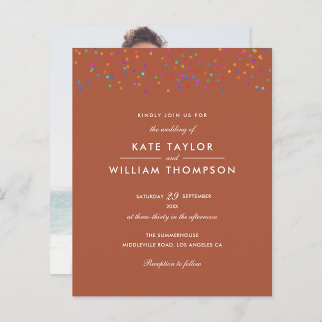 Budget Rainbow Confetti Terracotta Mariage Invitat (Devant / Derrière)