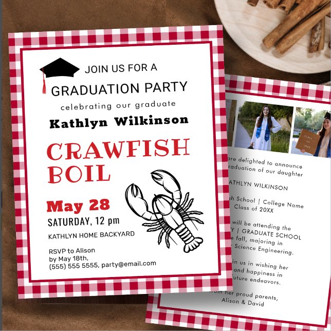 BUDGET Red 3 Photo Crawfish GRAD Party Invitation (Créateur téléchargé)