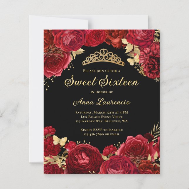 Budget Red Black Floral Sweet 16 Party Invitation (Devant)