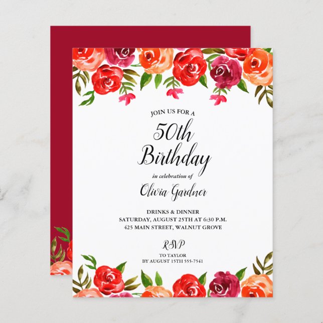 Budget Red Floral Invitations d'anniversaire (Devant / Derrière)