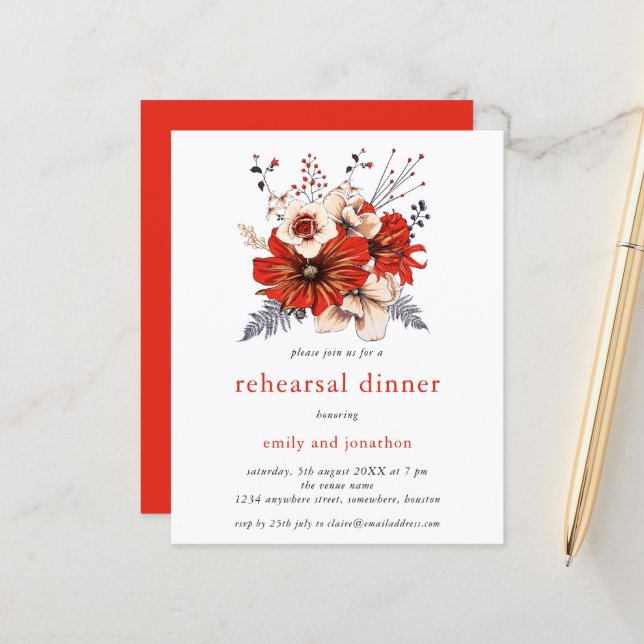 Budget Red Florals Répétition Dîner Invitation (Devant/Arrière en situation)