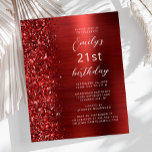 Budget Red Glam Parties scintillant 21e anniversai<br><div class="desc">Le bord gauche de cette invitation de fête d'anniversaire moderne comporte une bordure en faux rouge de parties scintillant. Le texte personnalisable combine un script blanc et des polices sans serif sur un arrière - plan en métal brossé en faux rouge. L'envers présente un design correspondant.</div>
