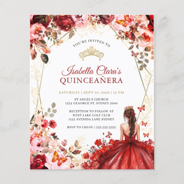 Budget Red Gold Floral Princess Quinceanera (Devant)