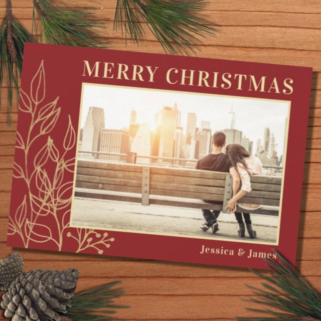 Budget Red Gold Foliage Photo Merry Christmas Card (Créateur téléchargé)