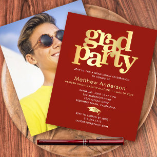 Budget Red Gold Photo Grad Party Minimaliste Invit