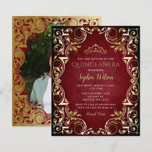 Budget Red Gold Tiara Quinceañera Photo Invitation (Devant / Derrière)