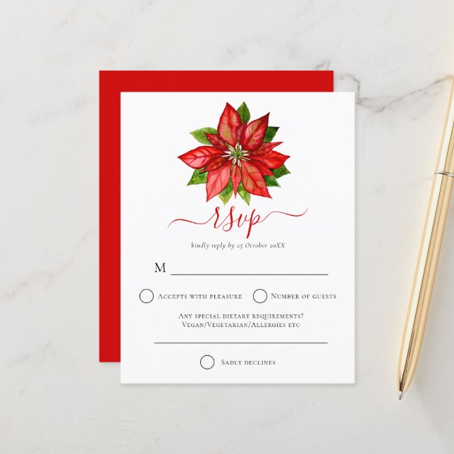 Budget Red Poinsettia Noel Mariage RSVP (Devant/Arrière en situation)