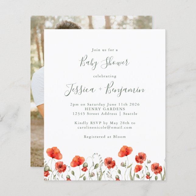 Budget Red Poppy Floral Baby shower Photo Invitati