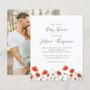 Budget Red Poppy Floral Baby shower Photo Invitati