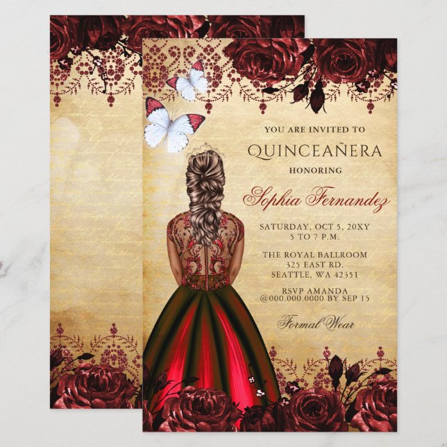 Budget Red Princess Quinceañera Invitation (Devant / Derrière)