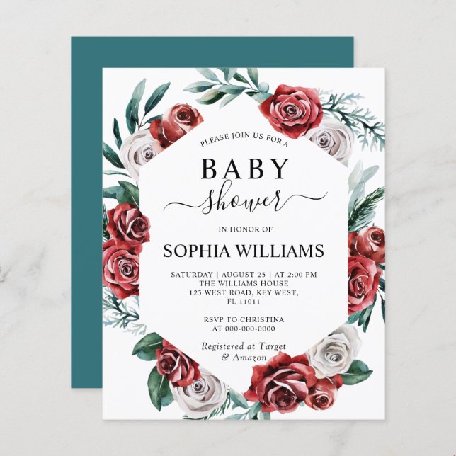 Budget Red Rose & Green Baby shower Invitation (Devant / Derrière)