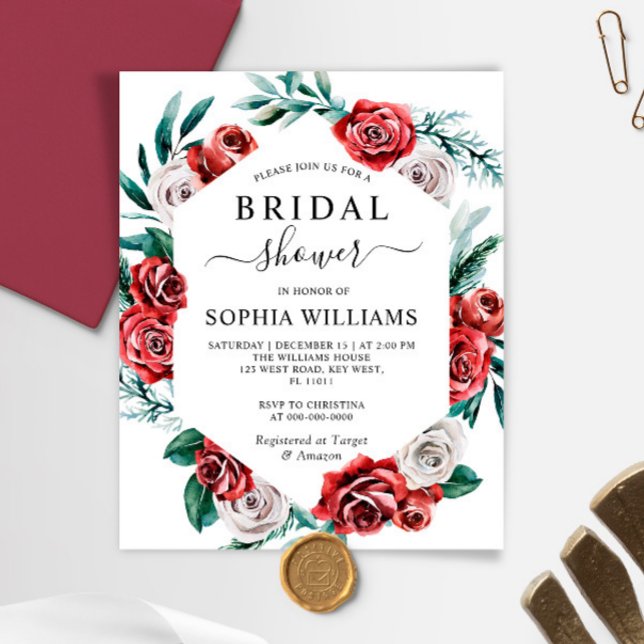 Budget Red Rose & Green Bridal Shower Invitation (Créateur téléchargé)