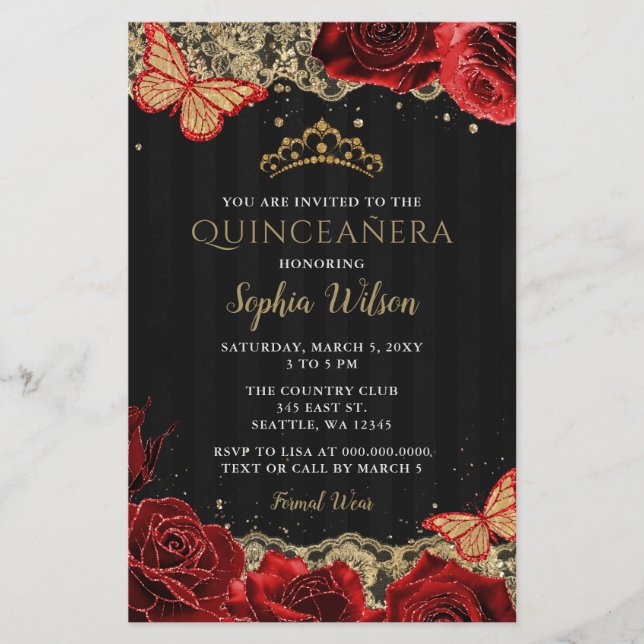 Budget Red Roses Black Gold Quinceañera Invitation (Devant)