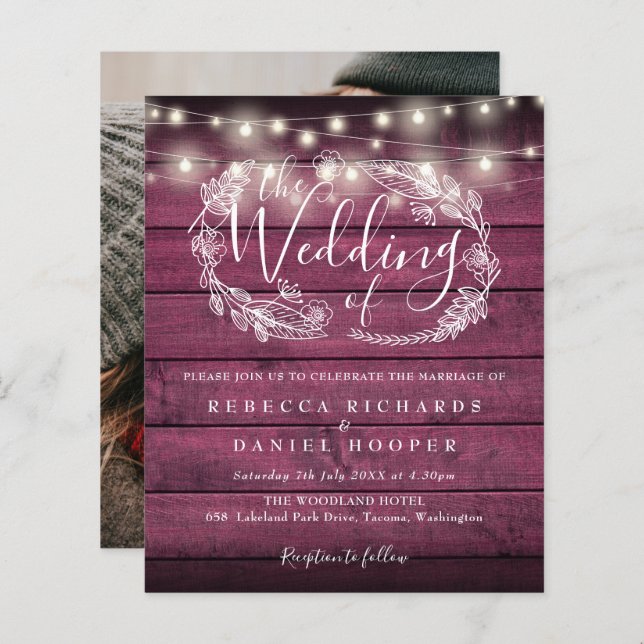 Budget Red Rustic Lumières Photo Wedding Invitatio (Devant / Derrière)