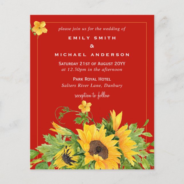 Budget RED Yellow Sunflowers Mariage Invite (Devant)