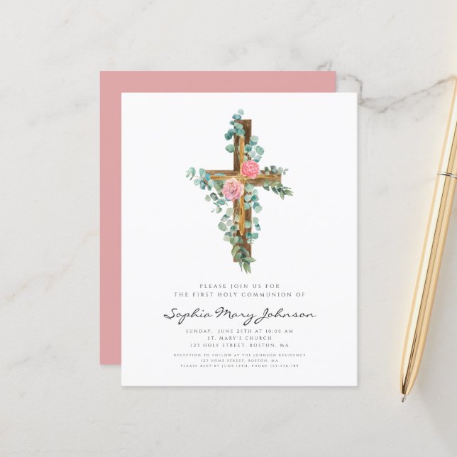 Budget Religieux Croix Florale Rose Première Commu (Devant/Arrière en situation)