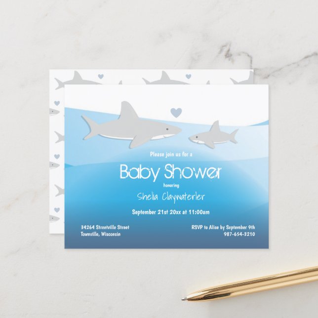 Budget Requin bleu Océan Baby shower Invitation (Devant/Arrière en situation)