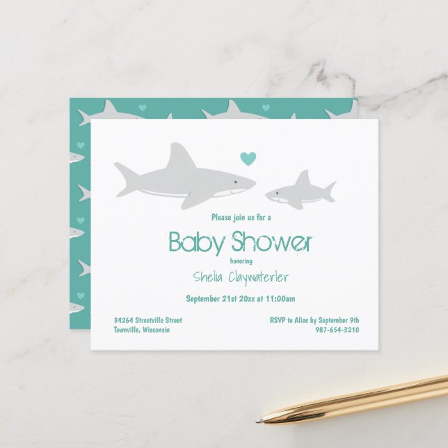 Budget Requin vert Baby shower blanc Invitation (Devant/Arrière en situation)