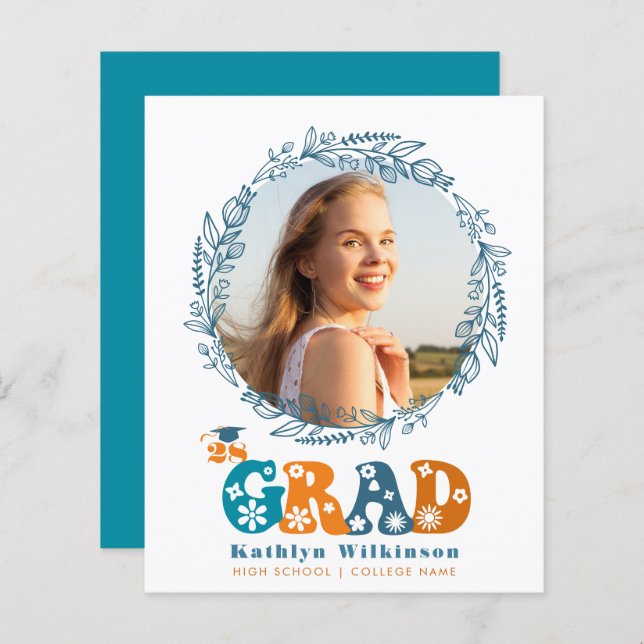 BUDGET Rétro Floral Wreath Graduation Invitation (Devant / Derrière)