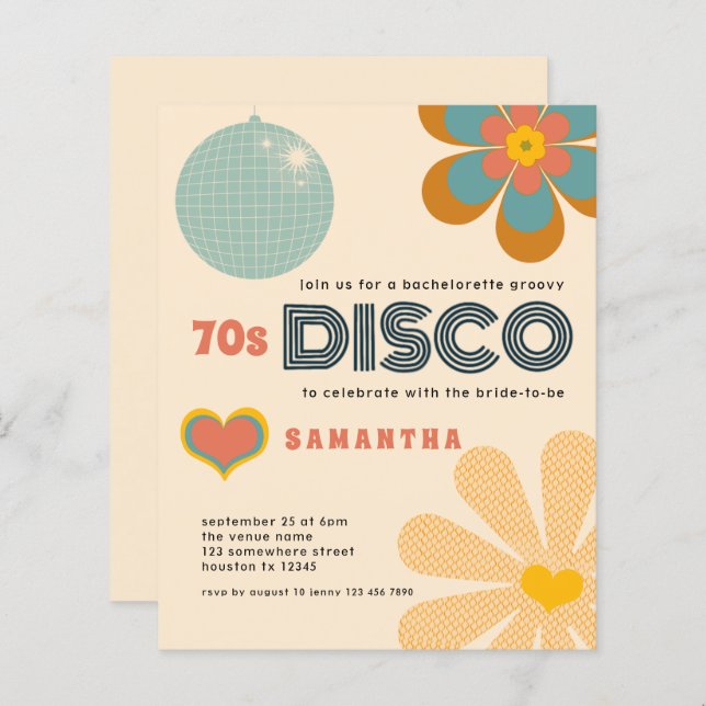 Budget Retro les années 70 Disco Bachelorette Invi (Devant / Derrière)