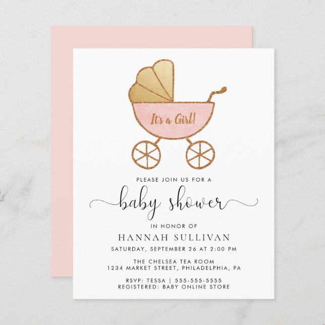 Budget Retro Pink Carriage bébé fille Invitation d (Devant / Derrière)